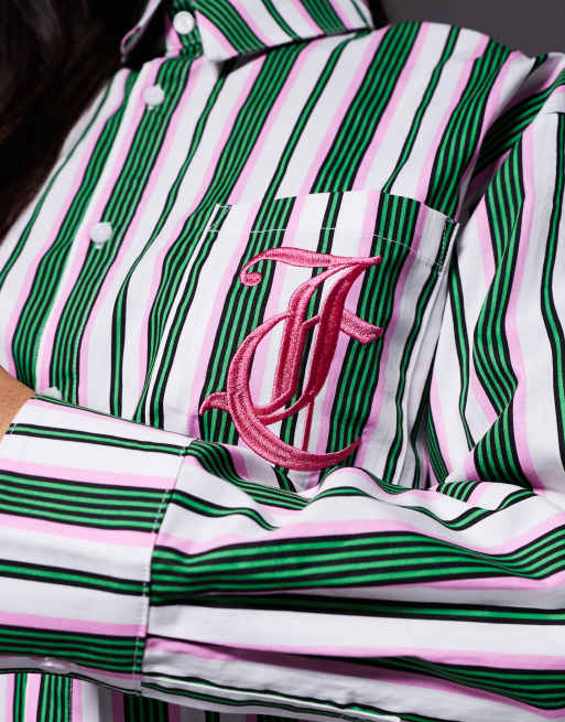 Juicy Couture - Camicia del pigiama a maniche lunghe a righe verdi e bianche con logo in coordinato, 4 di 4