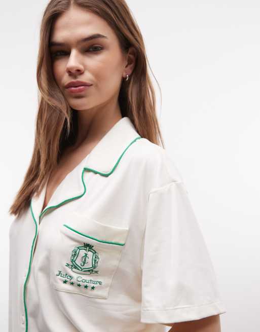 Juicy Couture Chateau logo pyjama shirt and shorts in off white, 3 of 4