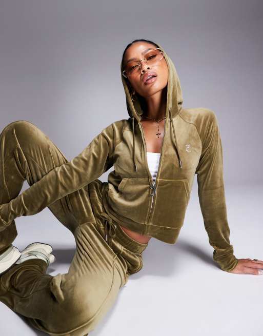 Juicy Couture – Ciemnooliwkowa zapinana na zamek bluza welurowa z kapturem, część zestawu