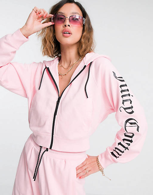 Juicy Couture co-ord cropped zip hoodie with shiny black logo in pink