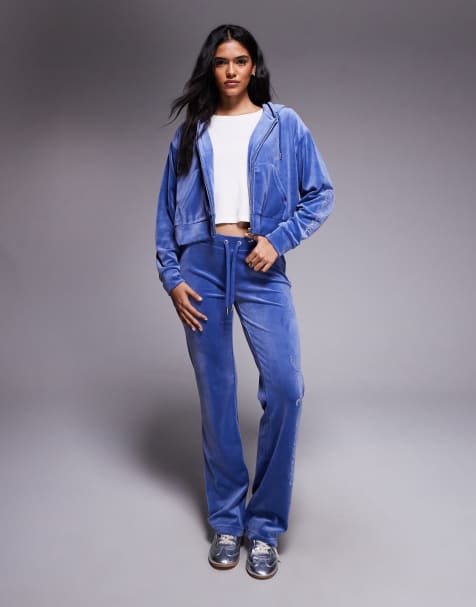 Juicy Couture co-ord fitted diamante logo t-shirt, zip hoodie, micro shorts and joggers in blue - view 1