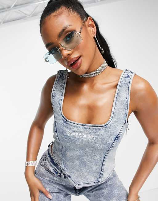 Juicy Couture co-ord monogram jacquard denim corset top in ash wash blue