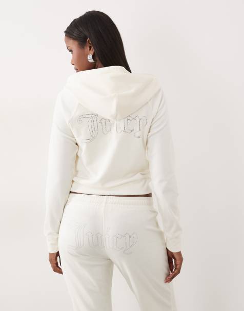 Juicy Couture - Co-ord set van hoodie van velours met rits en omlijnd logo met siersteentjes, short en joggingbroek in wit - view 1