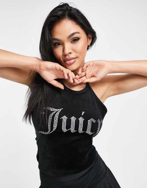 Juicy Couture co-ord velour halter top with diamante logo in black