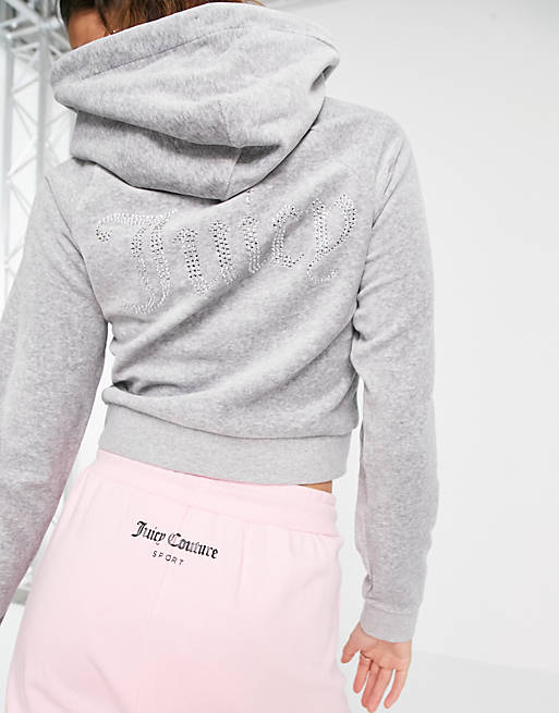 Juicy Couture co-ord velour hoodie with back diamonte logo in silver