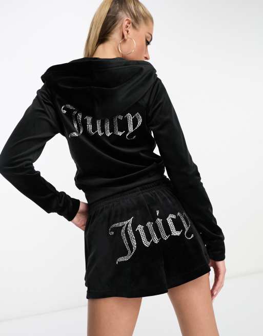 Juicy Couture co ord velour zip through hoodie and shorts in black