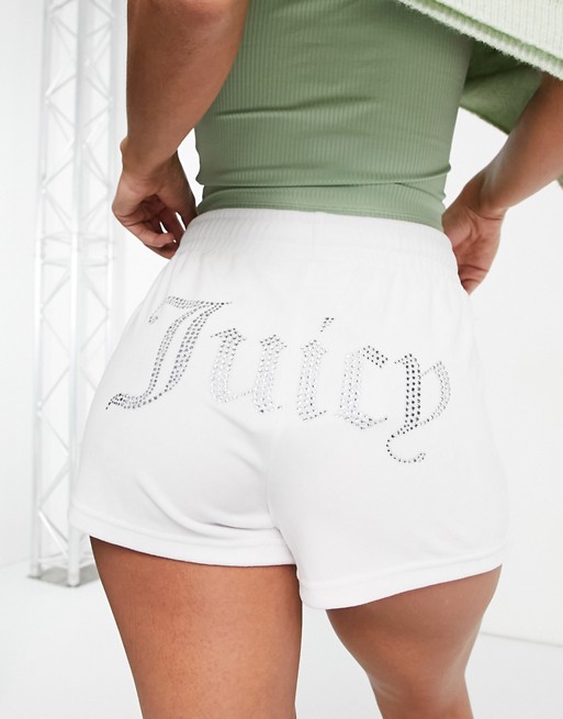 Juicy Couture co-ord velour shorts with diamante logo back in white