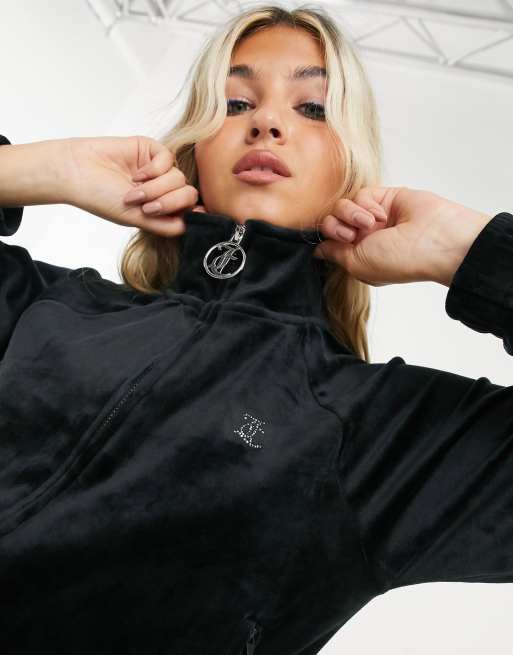 Juicy Couture co-ord velour tracksuit top with back diamanté logo in black