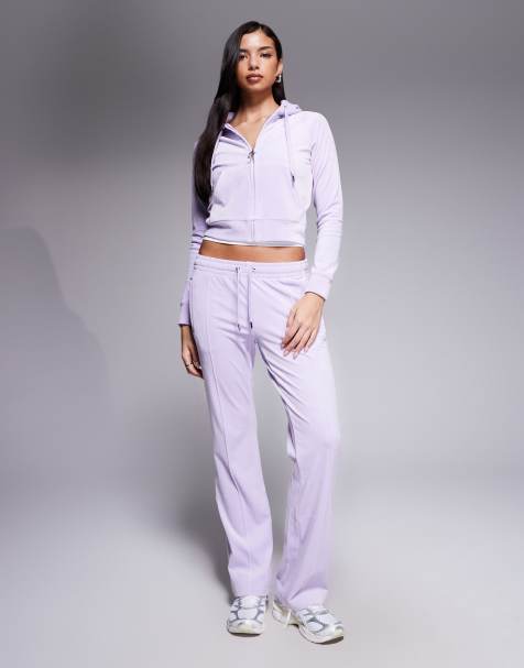 Juicy Couture co-ord velour zip through diamante outline logo hoodie and joggers in lilac - view 1