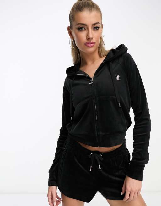 Juicy Couture co ord velour zip through hoodie in black