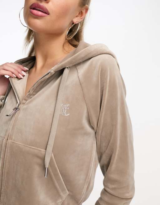 Juicy Couture co-ord velour zip through hoodie in brown, 3 of 4