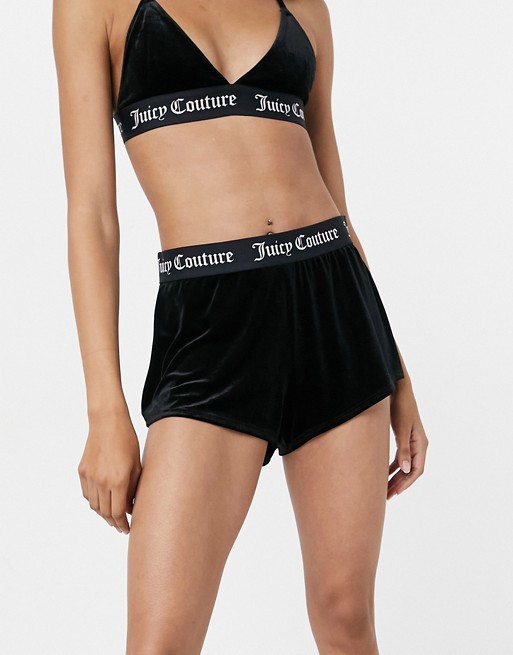 Juicy Couture co-ord velvet shorts with logo waist band in black