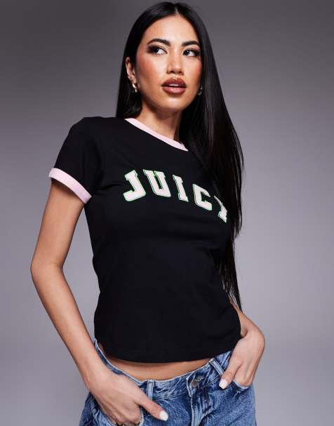 Juicy Couture - Collegiate T-shirt in zwart met gekleurde randjes - view 1