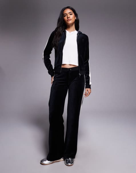 Juicy Couture - Coordinato con felpa con cappuccio nero e bianco con logo a righe e zip - view 1