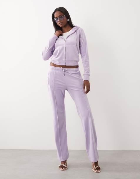 Juicy Couture - Coordinato in velour lilla con joggers e felpa con cappuccio, zip e logo con strass - view 1