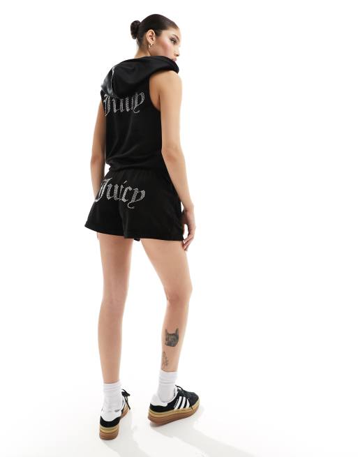Juicy Couture – Czarne welurowe szorty dresowe ze zdobieniem z dżetów, część zestawu