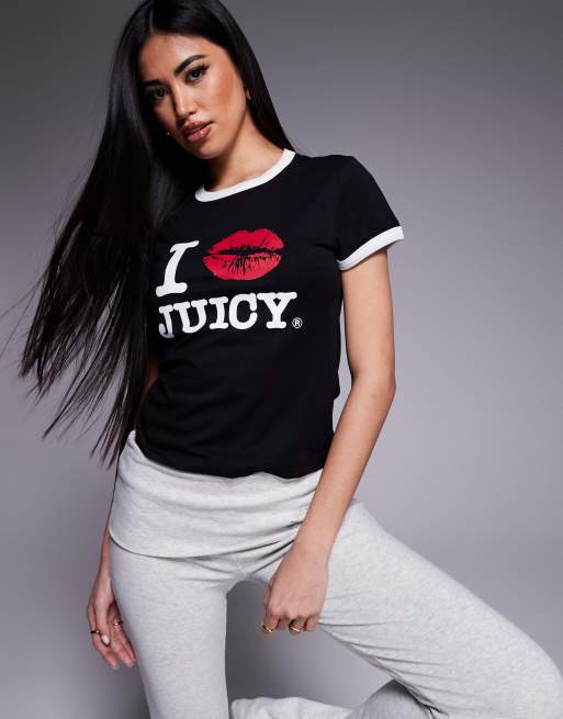 Juicy Couture – Czarny dopasowany T-shirt z lamówką i nadrukiem z buziakiem