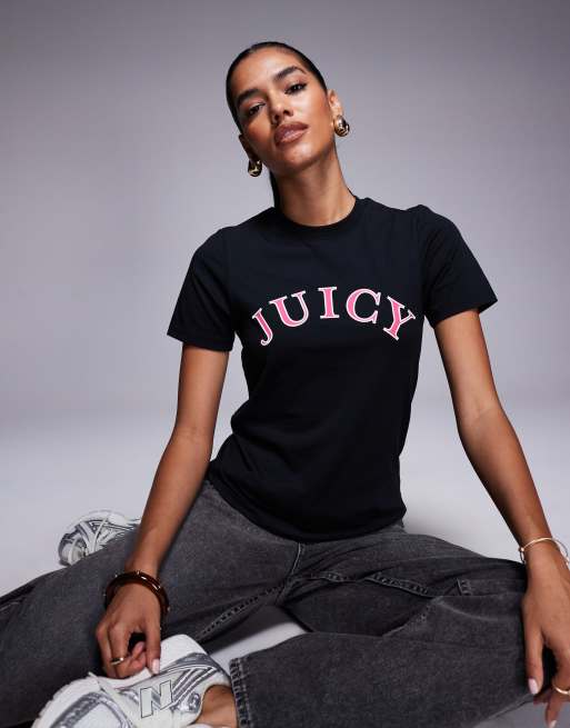 Juicy Couture – Czarny T-shirt o fasonie girlfriend z logo w styu uczelnianym