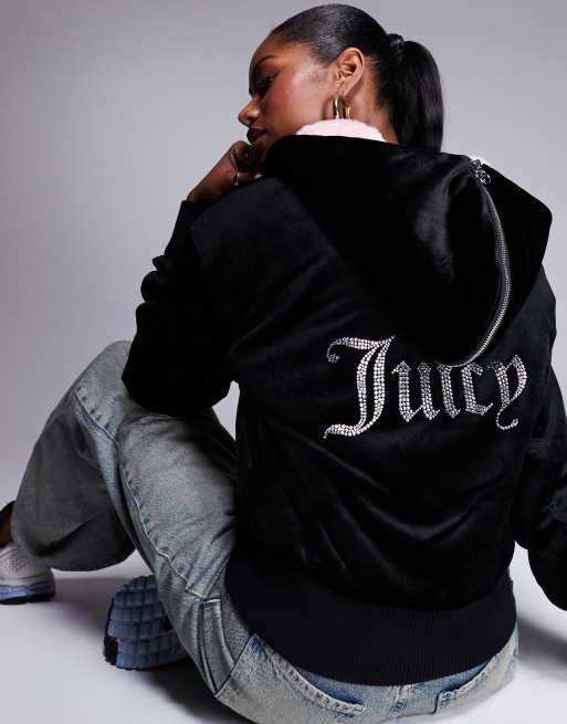 Juicy Couture diamante bomber coat in black | ASOS