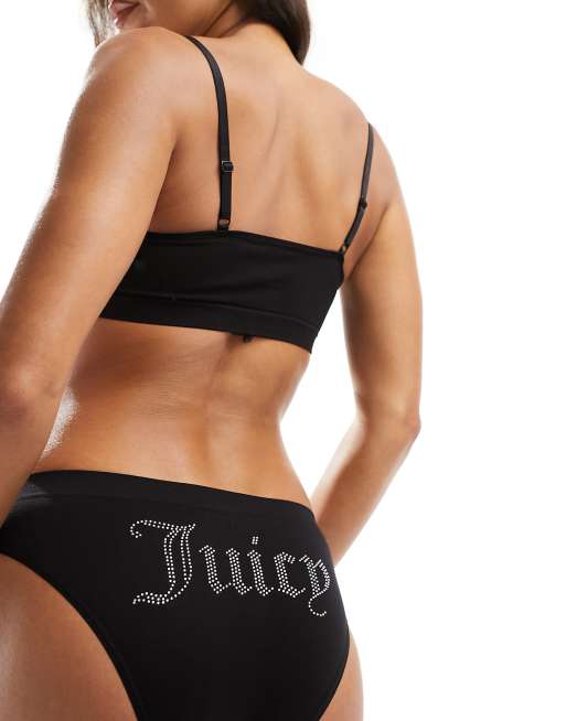 Juicy Couture diamante bralette and high leg brief set in black