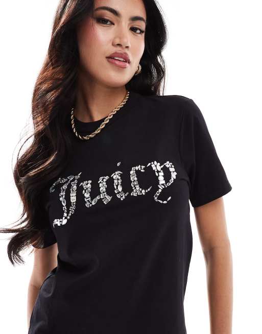 Juicy Couture diamante logo girlfriend t-shirt in black