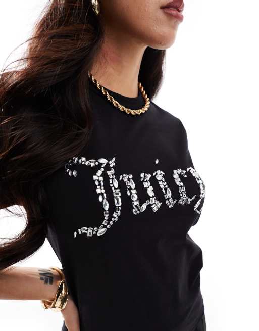 Juicy Couture diamante logo girlfriend t-shirt in black, 3 of 4