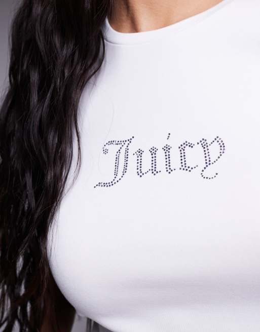 Juicy Couture diamante logo ruched t-shirt in white , 2 of 4