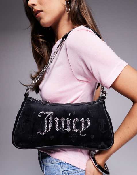 Juicy Couture diamante logo velour shoulder bag in black - view 1