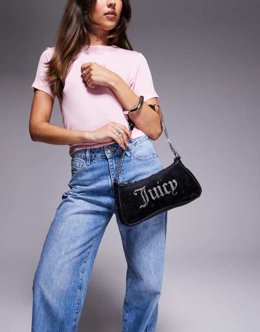 Juicy Couture diamante logo velour shoulder bag in black | ASOS