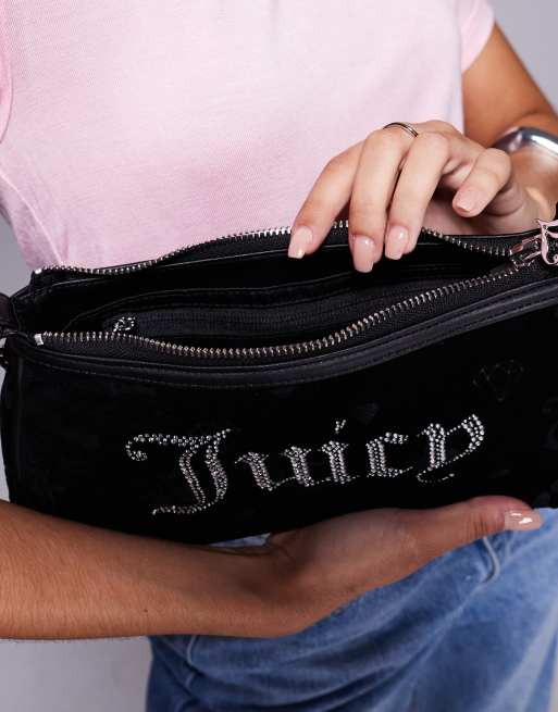 Juicy Couture diamante logo velour shoulder bag in black | ASOS