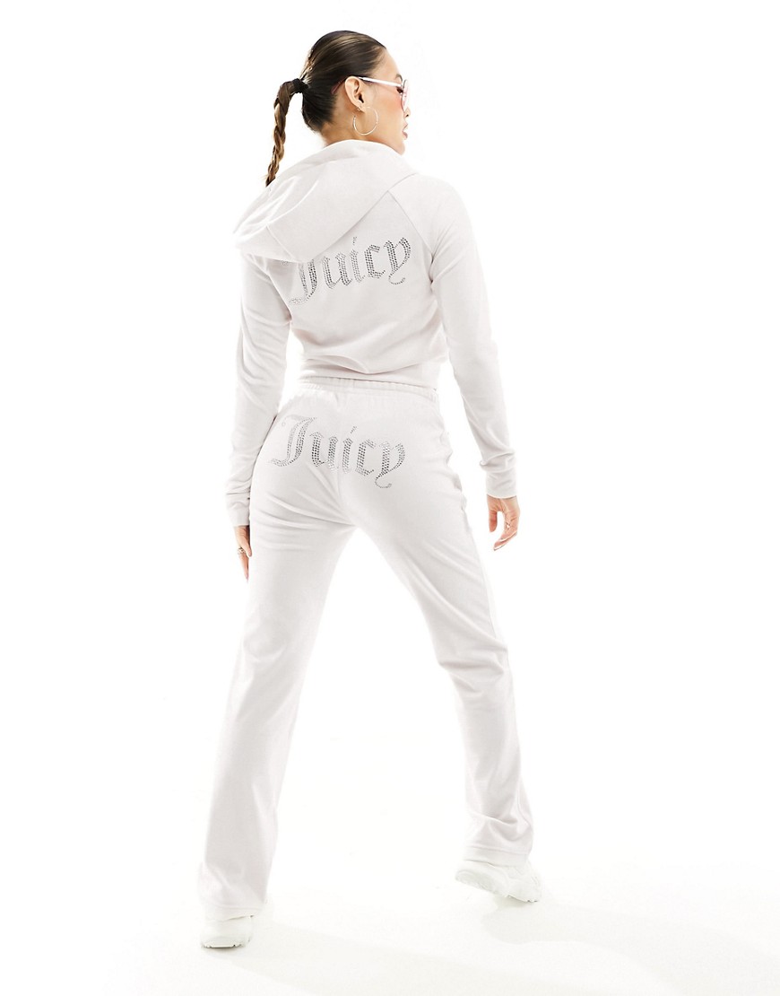 Juicy Couture diamante logo velour straight leg joggers co-ord in cream-White