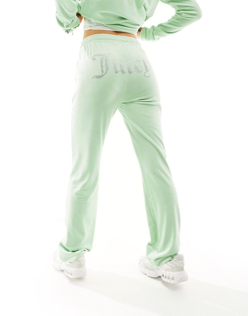 Juicy Couture diamante logo velour straight leg joggers co-ord in pastel sage-Green