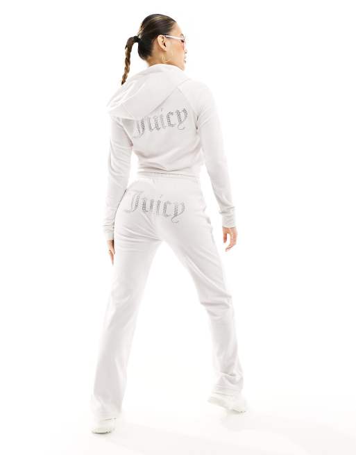 Juicy Couture diamante logo velour straight leg trackies in cream (part of a set)