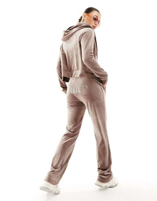 Juicy Couture diamante logo velour straight leg trackies in mink (part of a set)