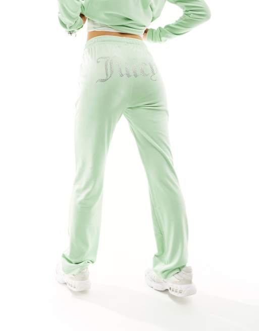 Juicy Couture diamante logo velour straight leg trackies in pastel sage (part of a set)