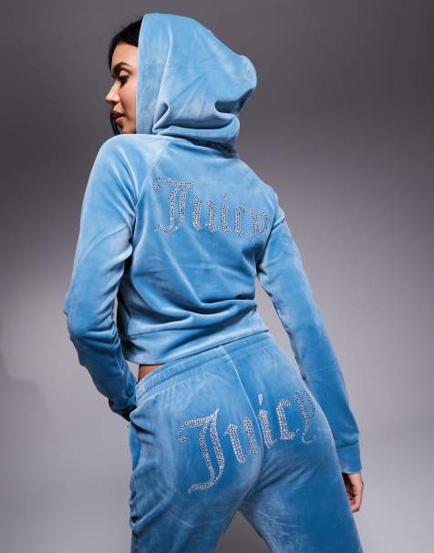 Juicy Couture diamante logo velour zip through hoodie co-ord in blue - view 1