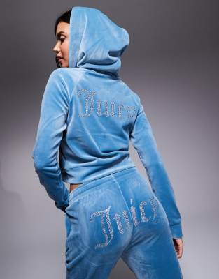 Juicy Couture Juicy Couture diamante logo velour zip through hoodie co-ord in blue