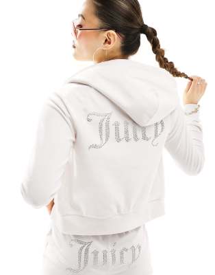 Juicy Couture diamante logo velour zip through hoodie co-ord in cream-White