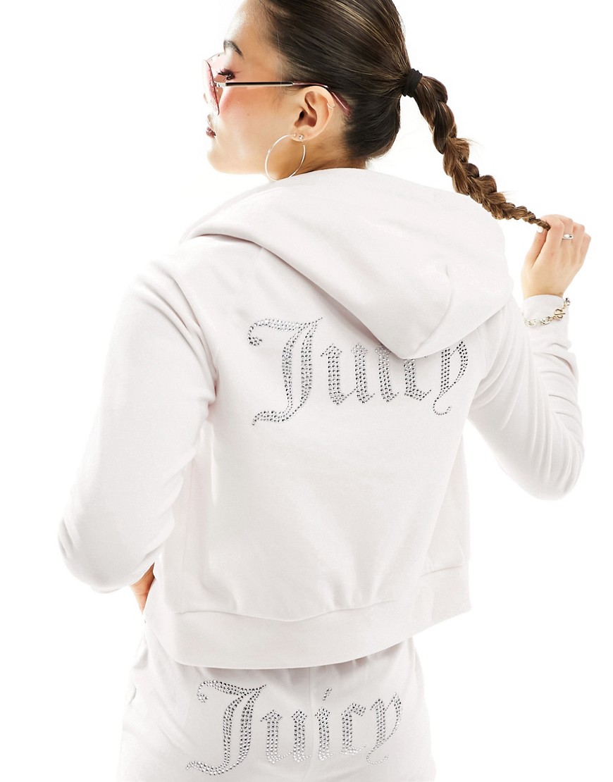 Juicy Couture diamante logo velour zip through hoodie co-ord in cream-White