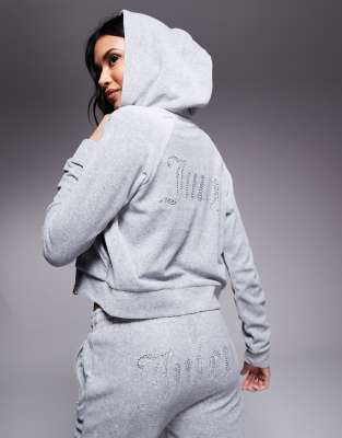 Juicy Couture Juicy Couture diamante logo velour zip through hoodie co-ord in grey