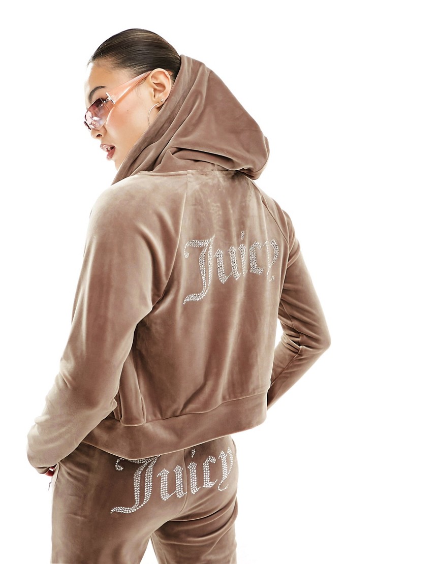 Juicy Couture diamante logo velour zip through hoodie co-ord in mink-Brown