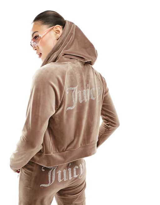 Juicy Couture diamante logo velour zip through hoodie co-ord in mink