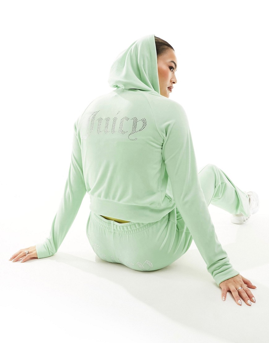 Juicy Couture diamante logo velour zip through hoodie co-ord in pastel sage-Green