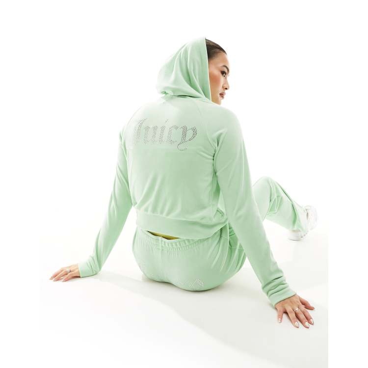 Juicy Couture diamante logo velour zip through hoodie co-ord in pastel sage