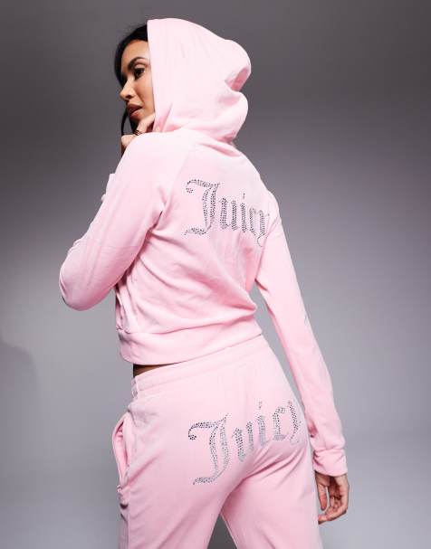 Juicy Couture diamante logo velour zip through hoodie co-ord in pink - view 1