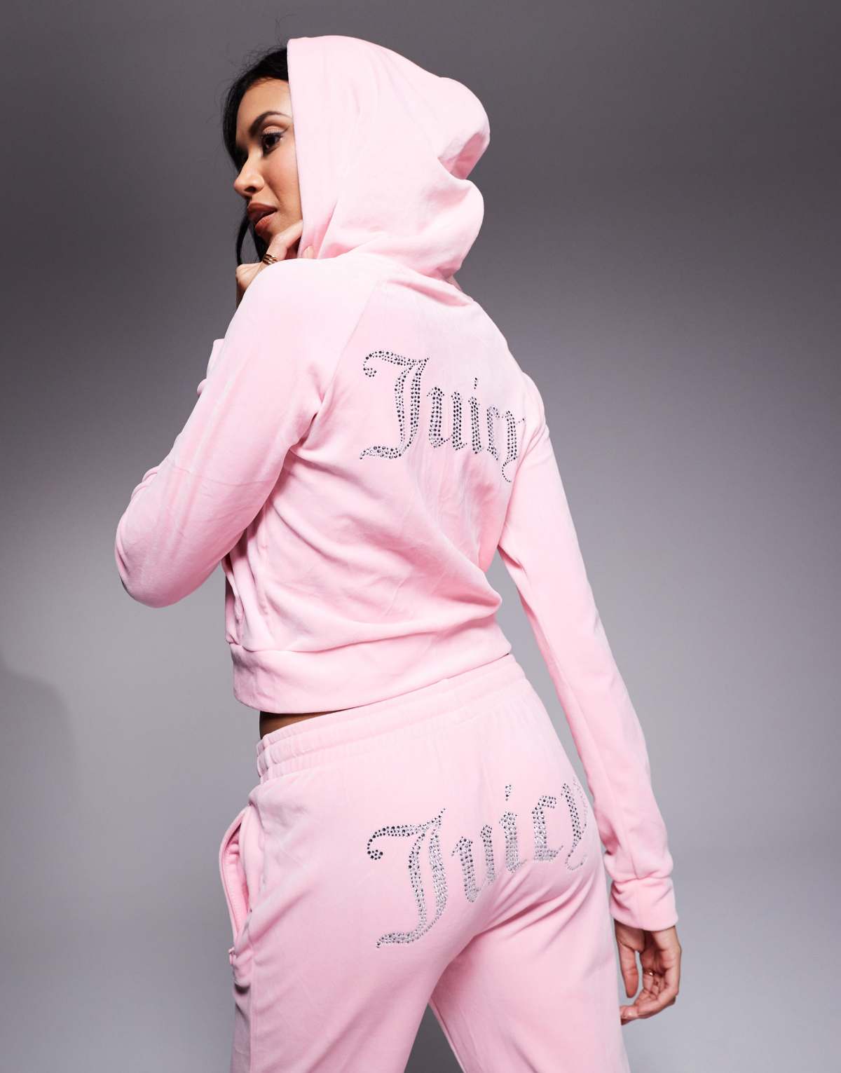 Juicy Couture diamante logo velour zip through hoodie co-ord in pink