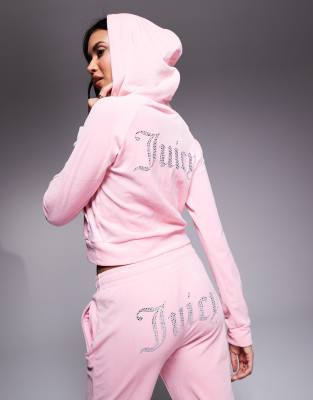 Juicy Couture Juicy Couture diamante logo velour zip through hoodie co-ord in pink
