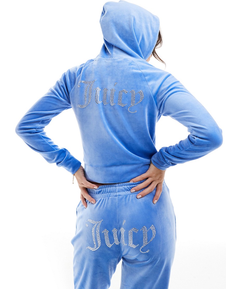 Juicy Couture diamante logo velour zip through hoodie co-ord in washed denim blue