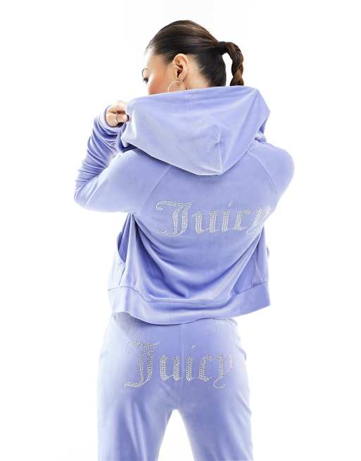 Juicy Couture diamante logo velour zip through hoodie in pastel blue (part  of a set)