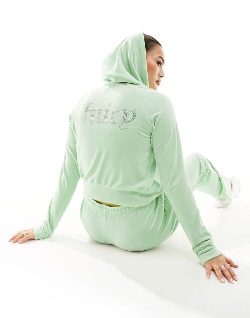 Juicy Couture diamante logo velour zip through hoodie in pastel sage (part of a set)